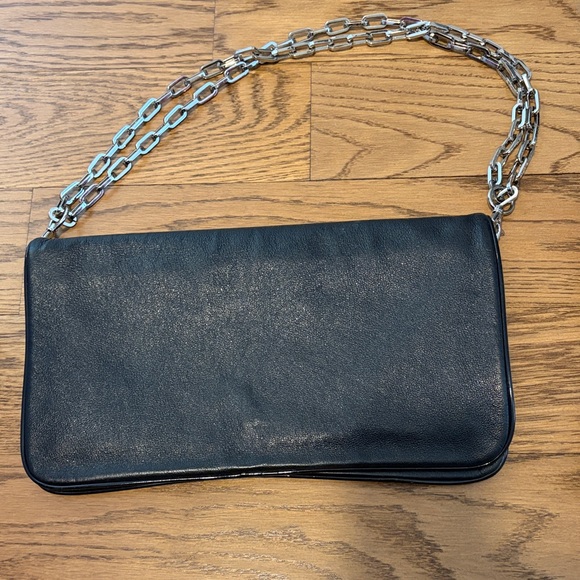 Tory Burch Black Leather Wristlet with Silver Logo Medallion - Picture 4 of 7